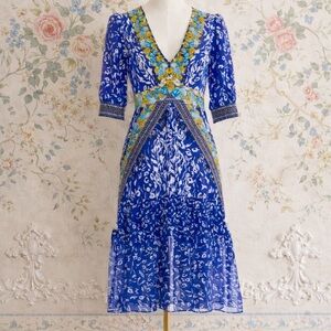 Saloni Silk Deep V Neck Midi Length Dress 3/4 Sleeves